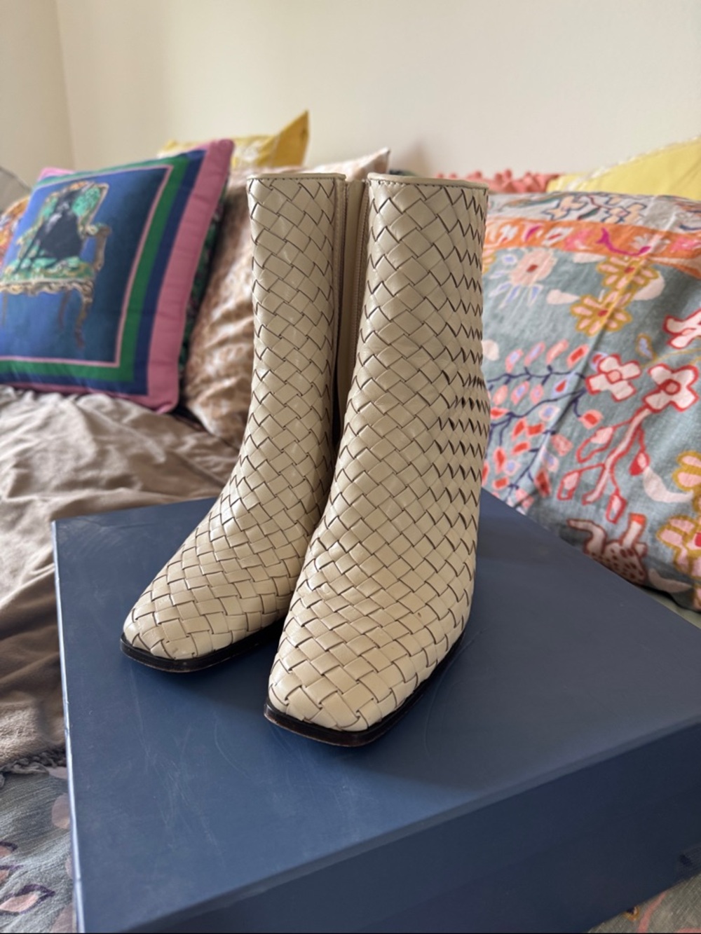 Woven Leather Ankle Boots - Cream